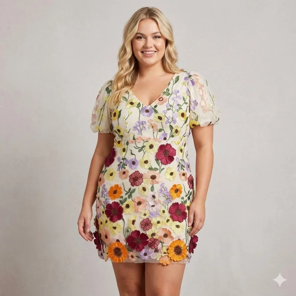Anewsta Embroidered Floral Applique Mini Dress - Ivory Multi - Size Large - Picture 1 of 10
